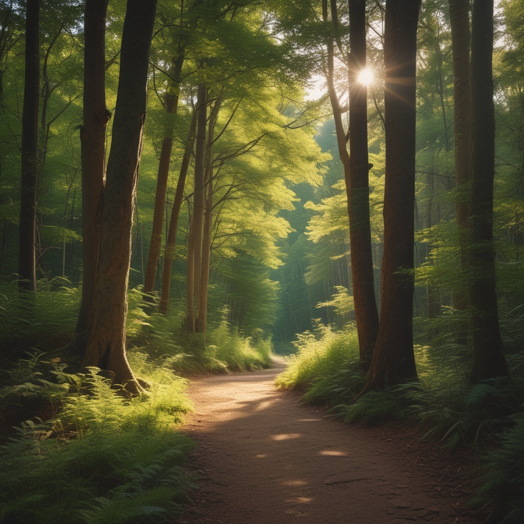 A peaceful forest path winding through towering trees and dappled sunlight