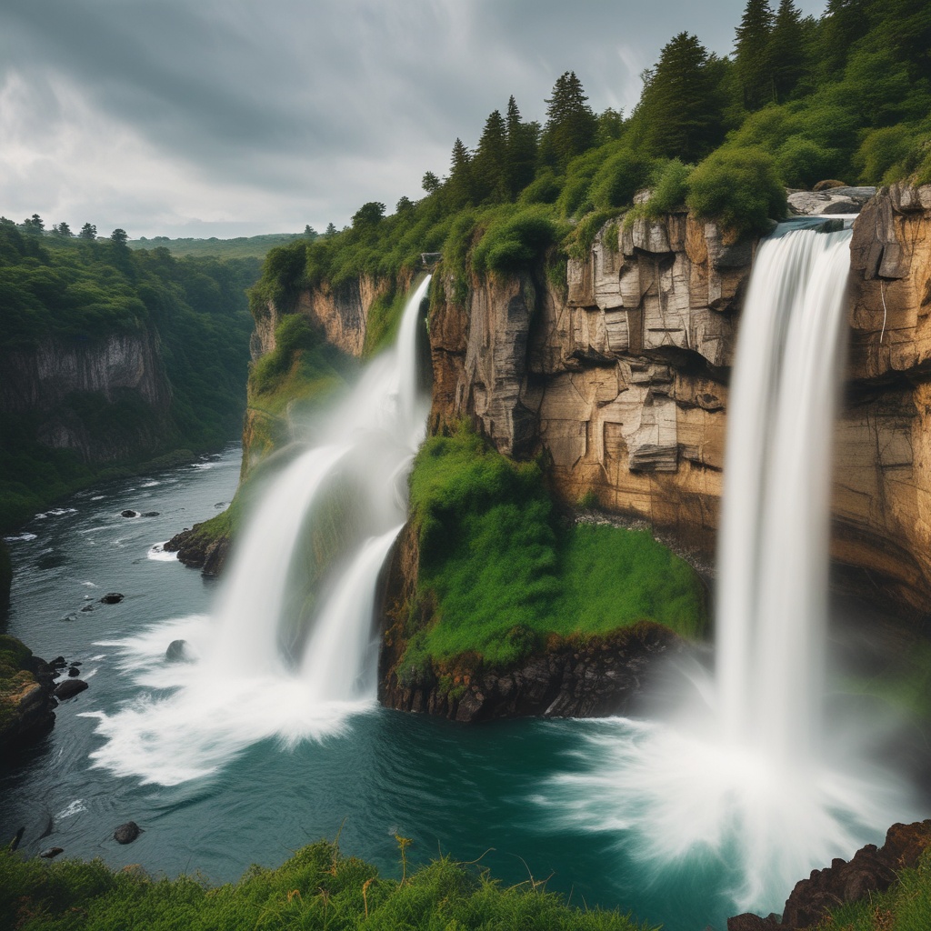 A powerful waterfall thundering down rocky cliffs surrounded by lush greenery